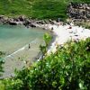 Piccola spiaggia con persone in acqua e vegetazione verde intorno.